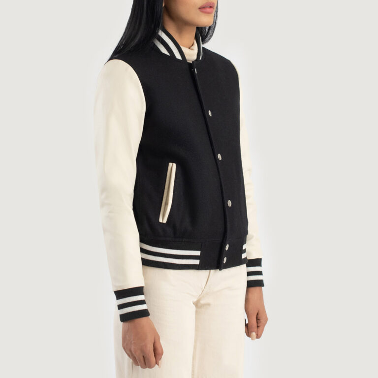 Womens Savant Black & White Hybrid Varsity Jacket Side Pose-3-1686936241248